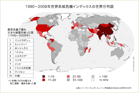 1990～2008年世界気候危機インデックスの世界分布図